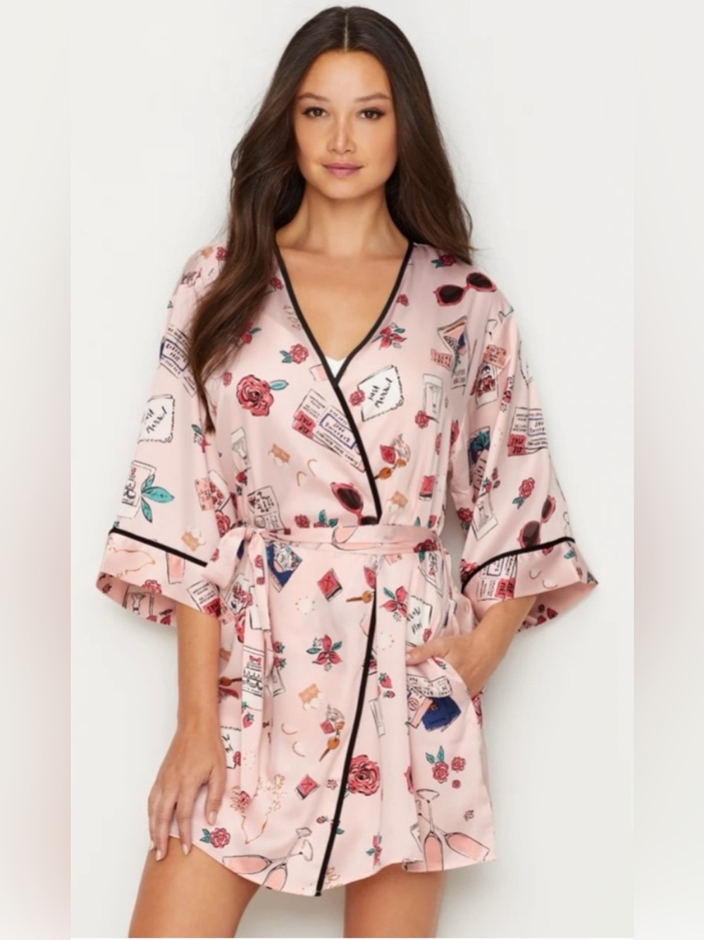 Kate Spade Silky Polyester Charmuse Pink Printed Wrap Robe. Luxe Luxury Size M - Picture 15 of 15